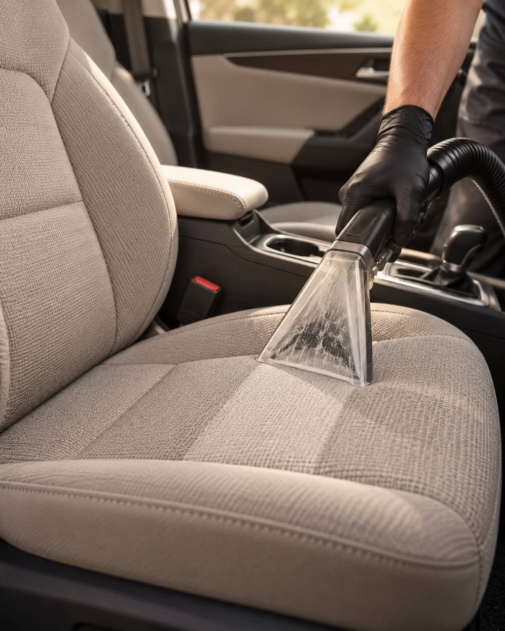 Upholstery extraction tool cleaning a fabric car seat.