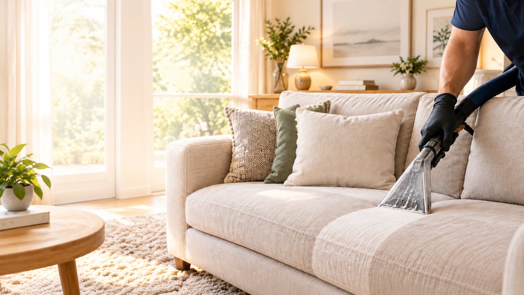 A Fabric Bright technician using a professional extraction wand to deep clean a beige sofa in a bright, sunlit living room.